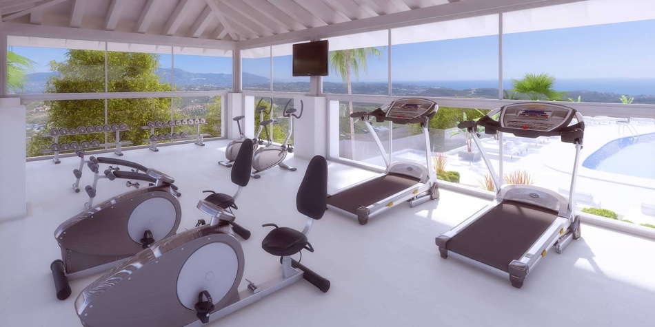 New built front line golf apartments with Scandinavian design in Mijas. Gym with outstanding views