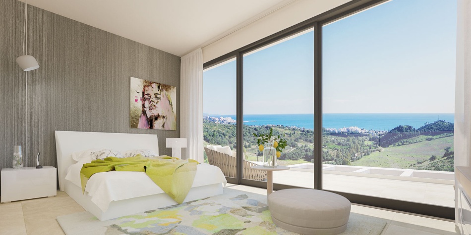New first line golf development on the New Golden Mile, Estepona. Bedroom with sea views