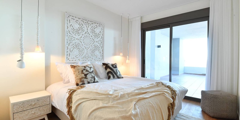 New built front line golf apartments with Scandinavian design in Mijas. Bedroom with terrace
