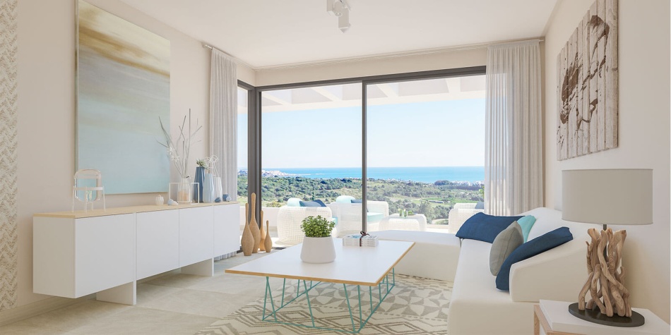 New first line golf development on the New Golden Mile, Estepona. Living room overlooking the sea